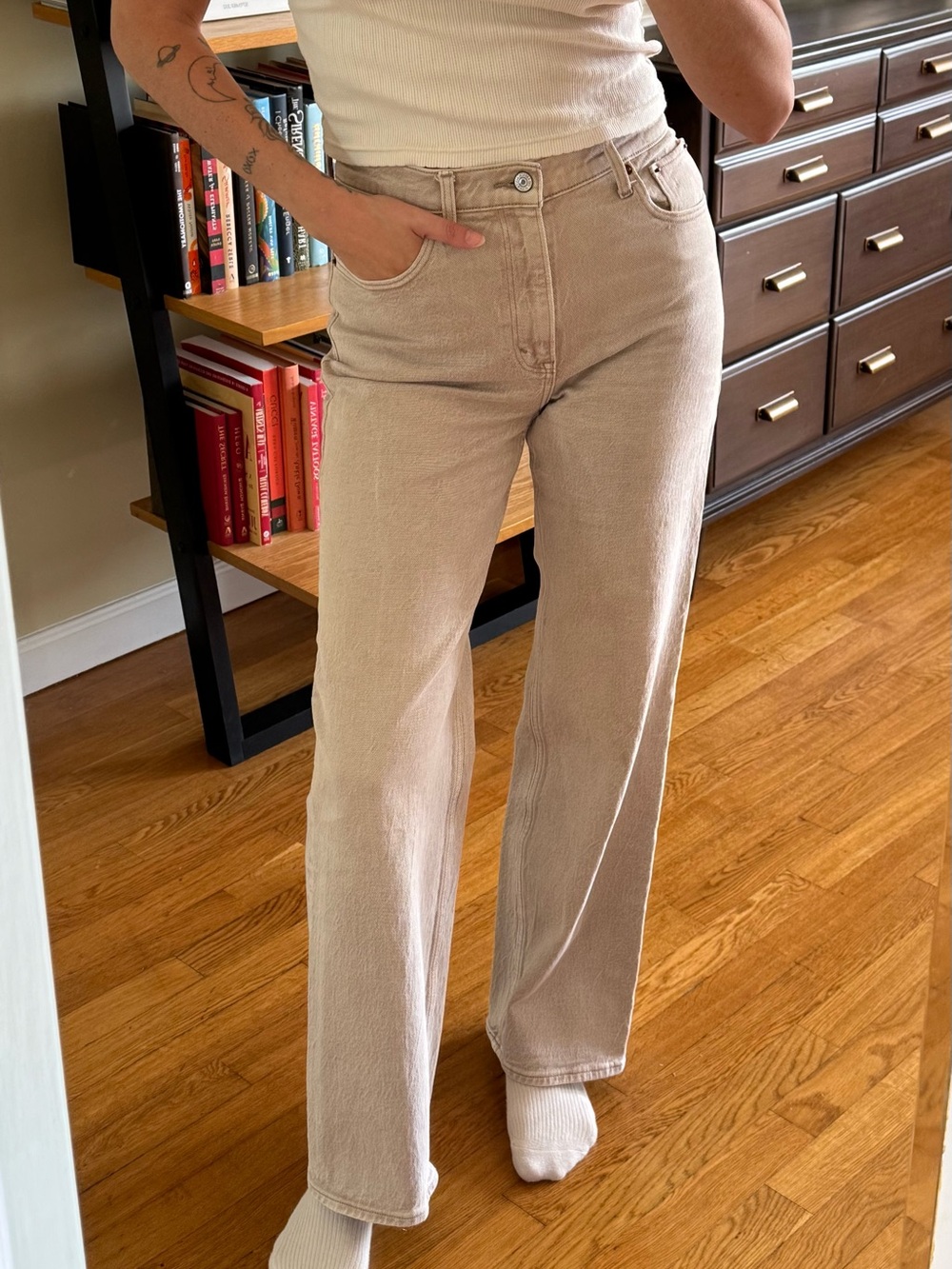 Abercrombie & Fitch Wide Leg High-Rise Pants in Light Beige